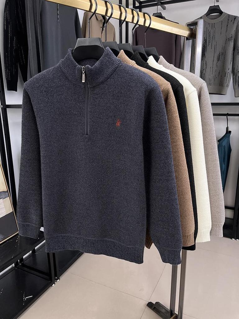 Men's Winter Embroidered Pony Logo Fleece Sweater - Semi-High Neck, Thick Knit