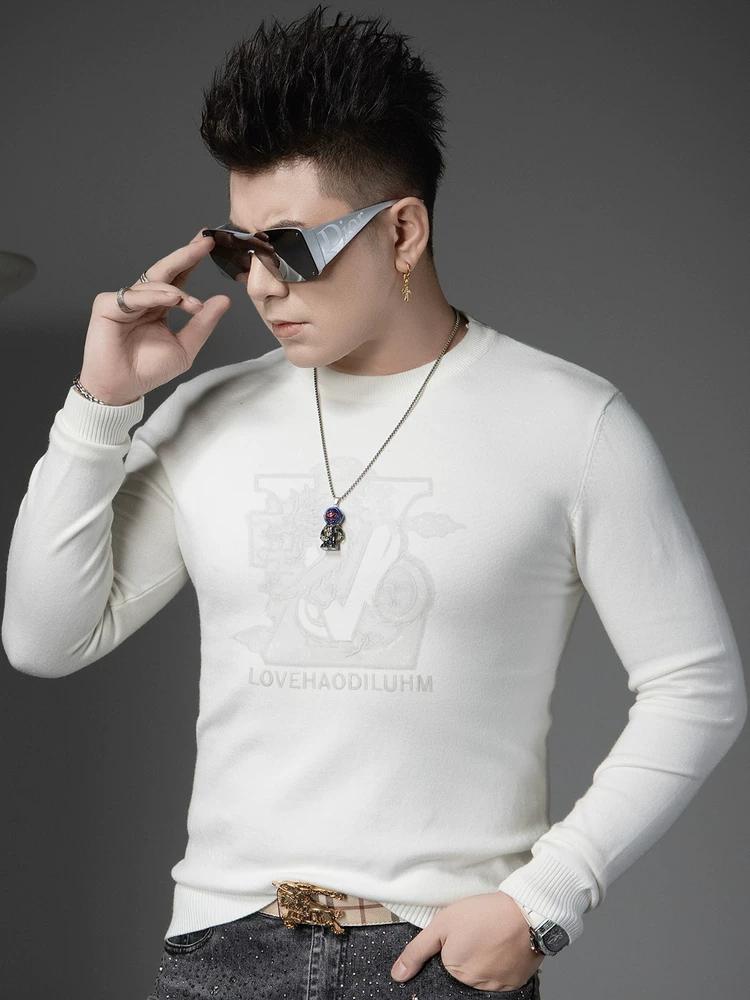 European Style High-End Embroidered Knitwear for Men, 2025 New Autumn and Winter Casual Long-Sleeve Warm Crew Neck Sweater