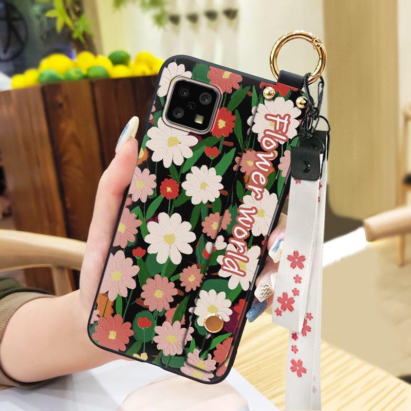Shockproof Silicone Phone Case For Sharp Aquos Sense4 4G/Sense 5G Kickstand Waterproof Phone Holder Wristband Flower