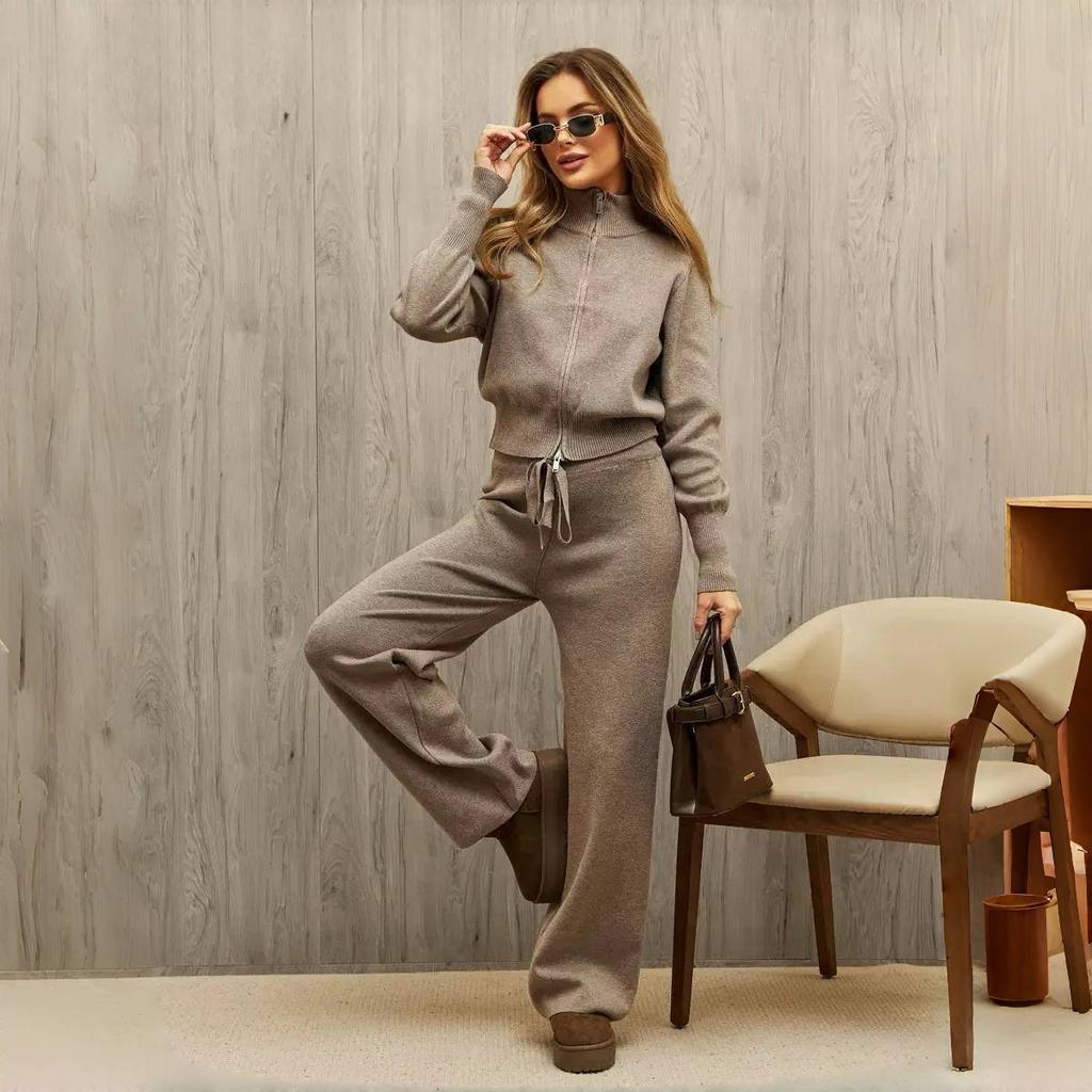 Fall New Fashion Long Sleeve Zipper Sweater Cardigan Long Pants Athletic Two Piece Casual Cardigan Set Women
