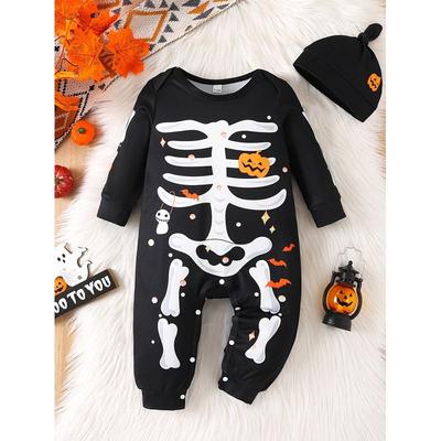 Foreign Trade Ins Newborn Baby Boy Halloween Printed Long-Sleeve Open-Crotch Romper with Hat Holiday Style