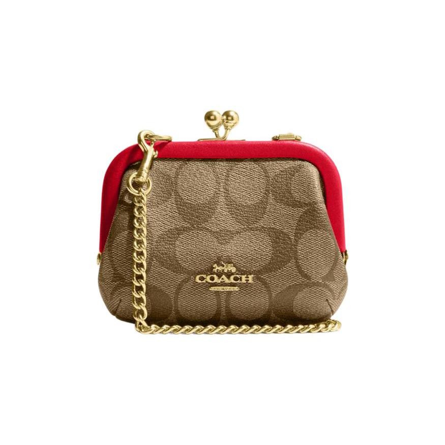 New COACH Kisslock Canvas With Leather Shoulder Bag, Crossbody Bag, Card Holder, Wallet Mini Women's Red & Brown CH520-IMVGQ