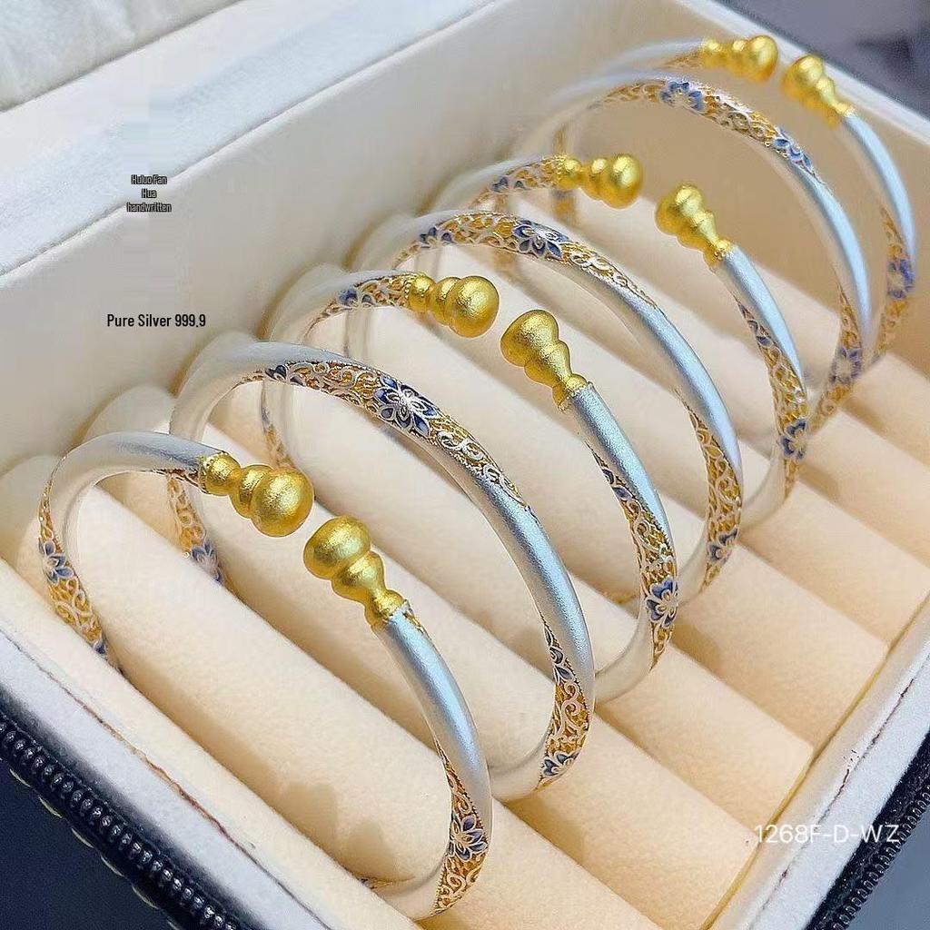Gold Enamel & Sterling Silver Blooming Flowers Gourd Bangle - Versatile Gift for Girlfriend