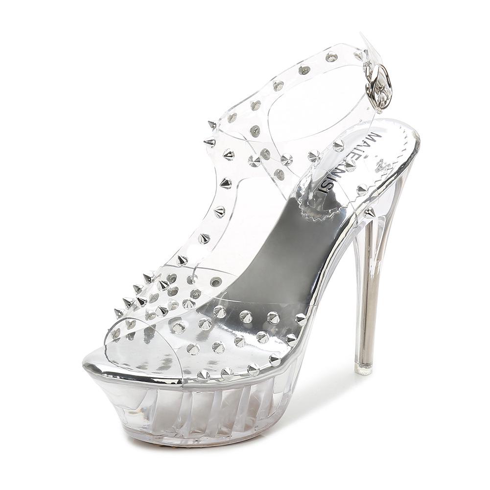 Transparent heel rivet waterproof table high heels, large size fashionable women's sandals, nightclub anklet strap sandals