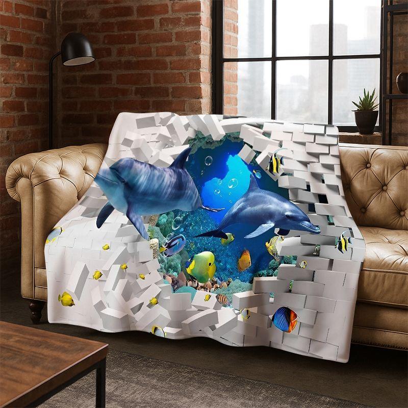 3D Illusion Underwater World Marine Life Shark Dolphin Cartoon Flannel Blanket Throw Blanket for Bedroom Living Room Bed Travel