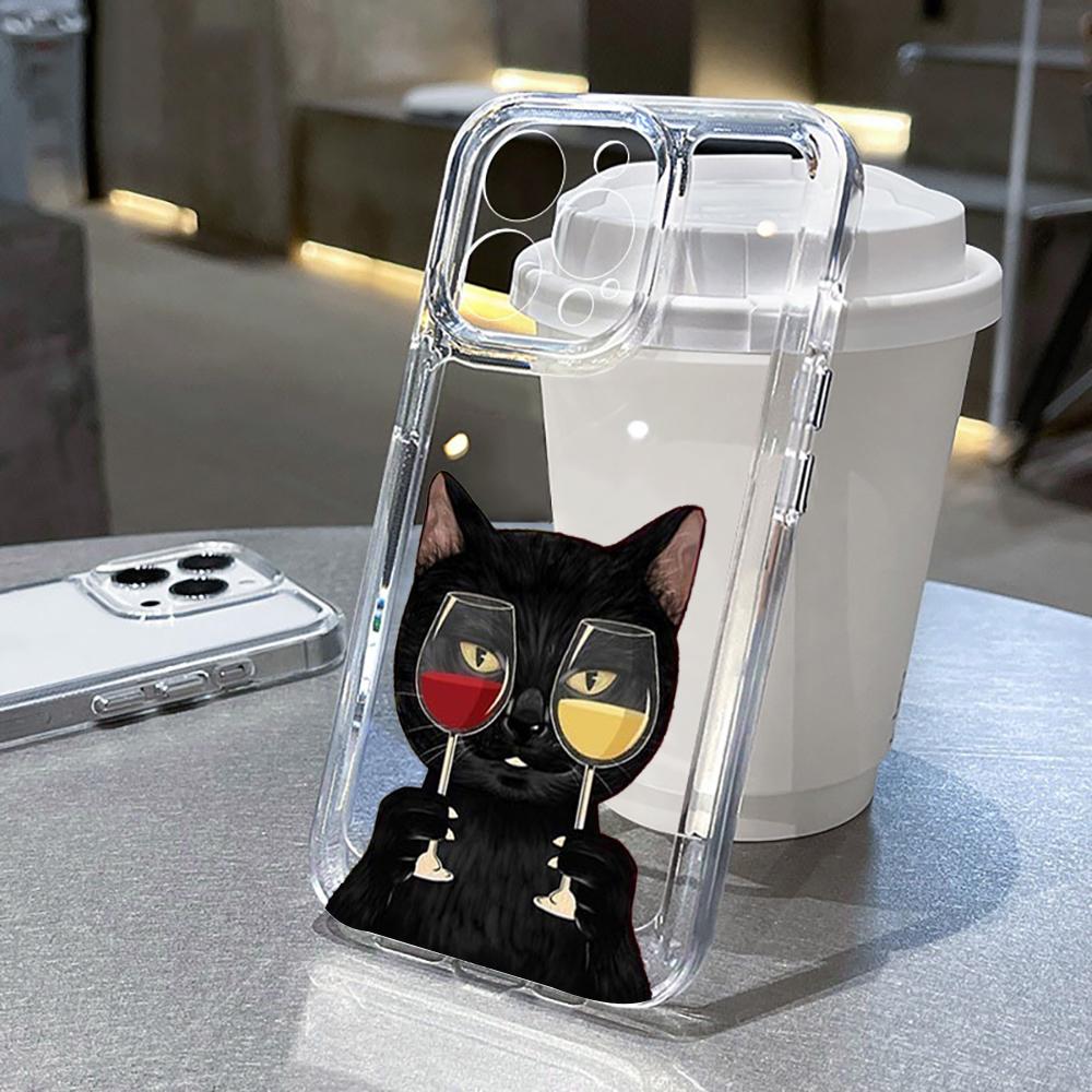 Süße Schwarze Katze Weinflasche Druck Handyhülle für iPhone 17 16 15 14 13 12 11 16E Serie Pro Max Plus Doppelschichtiger Schutz