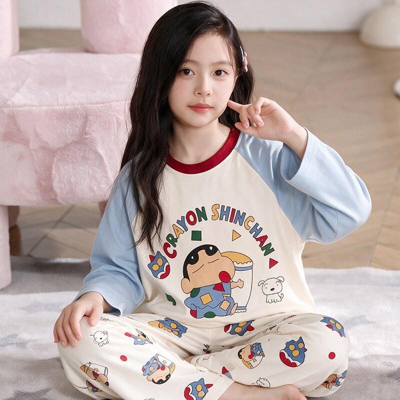 100% Cotton Girls Long Sleeve Pajamas Set Cartoon Print Round Neck Sleepwear Kids 8 Years