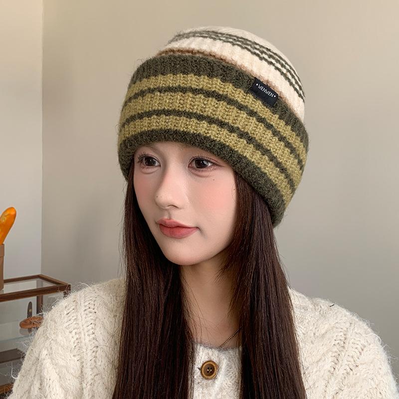 

Striped Wool Women s Autumn and Winter Korean Style Warm and Versatile Large Head Circumference Pullover Hat Showing Face Small Knitted Hat 56-62CM