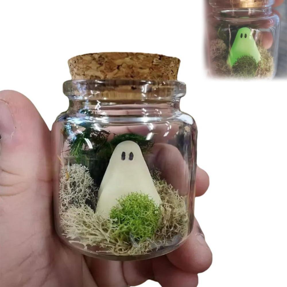 Resin Mini Pet Ghosts In A Jar With Moss Craft Glow In The Dark Little Ghost Glass Dome Decor Luminous Ghost Figurines