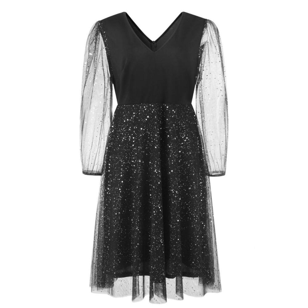 LYRIA Elegantní dámské sexy midi šaty s V výstřihem a průsvitnými síťovanými rukávy s flitry Dámské volánové společenské šaty Krása Plus Size Oblečení 2023-2024