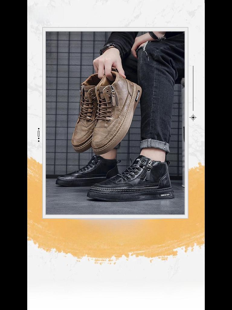 Men's High Top Casual Black Martin Boots for Spring and Autumn - Trendy All-Match Sports and Work Shoes.