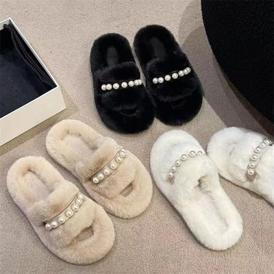 Pearl Mao Mao Slippers Women's Outer Wear Spring and Autumn 2025 Autumn and Winter New Mao Mao Beaded Non-slip One-word Mao Tows Ins