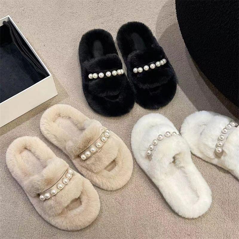 Pearl Mao Mao slippers women's outer wear spring and autumn 2025 autumn and winter new Mao Mao beaded non-slip one-word Mao tows ins