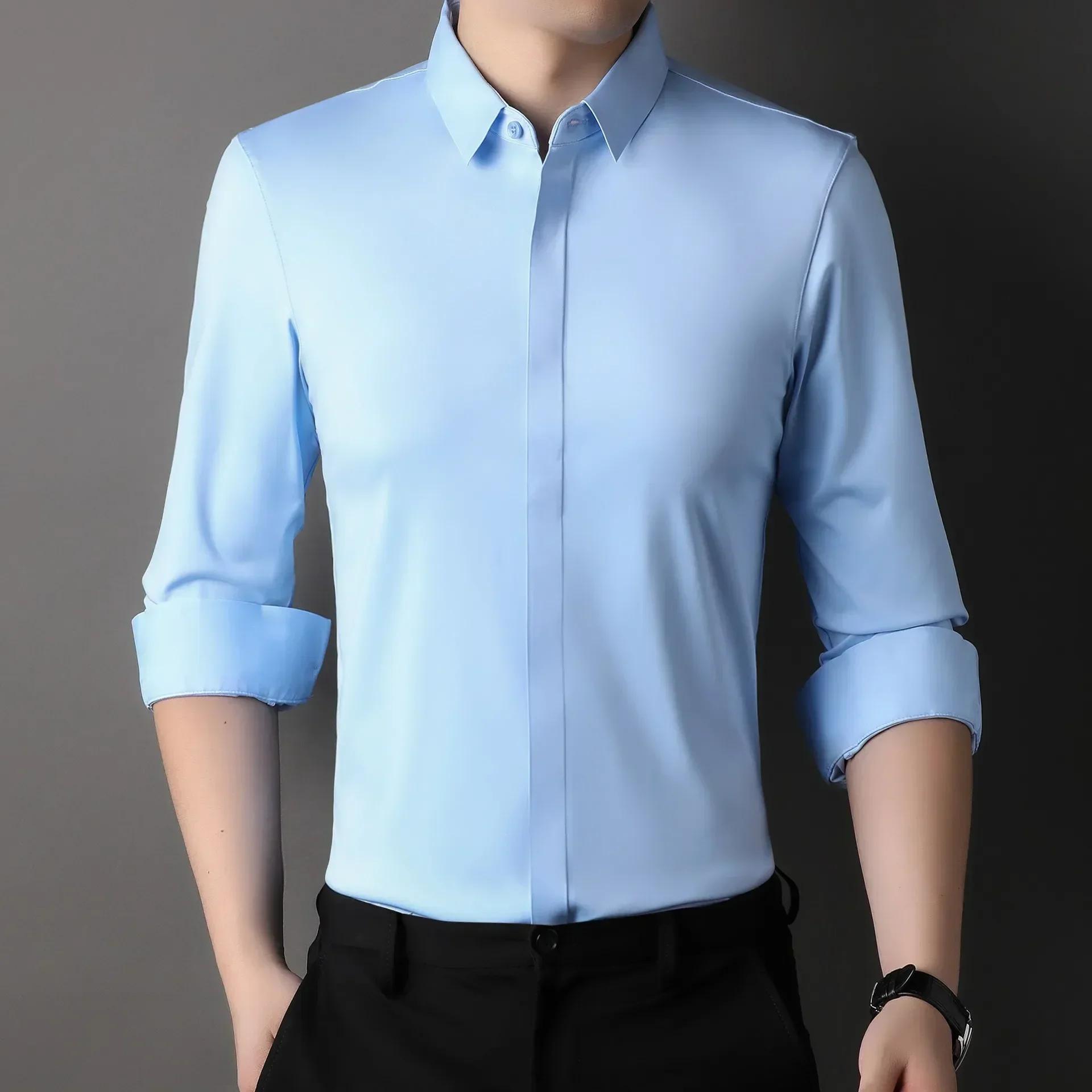 

High End Mulberry Silk Dress Shirts Business Men Wrinkle Resistant Button Invisible Elastic Tops Luxurious Male Quality Clothing M