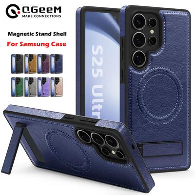 PU Leather Wireless Charge Magnetic Phone Case for Samsung Galaxy S24 Ultra S23 S22 Plus WIth Kickstand Shockproof Cover