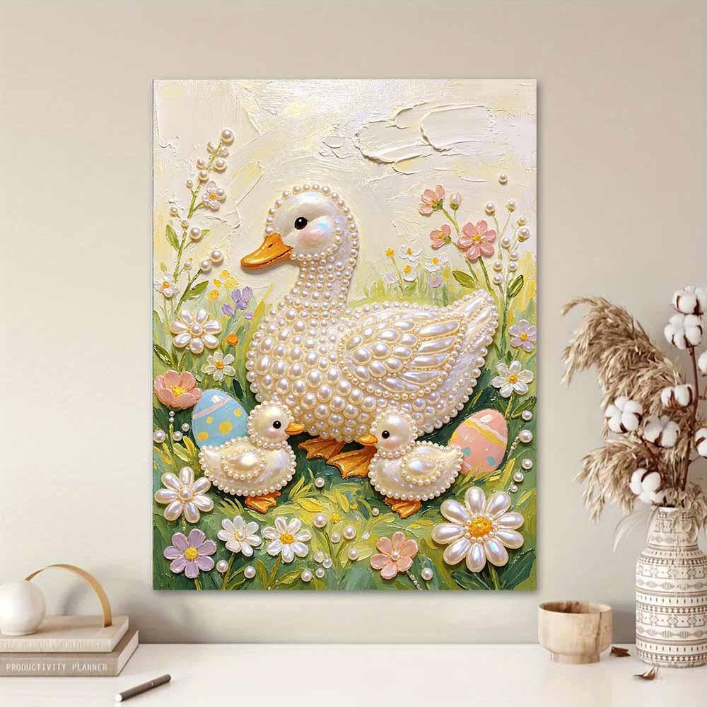 DIY Frameless Pearl Painting Kit Duck Family 3D Shiny Bead Art Canvas Relaxing Creative Craft for Home Wall Decor Gift