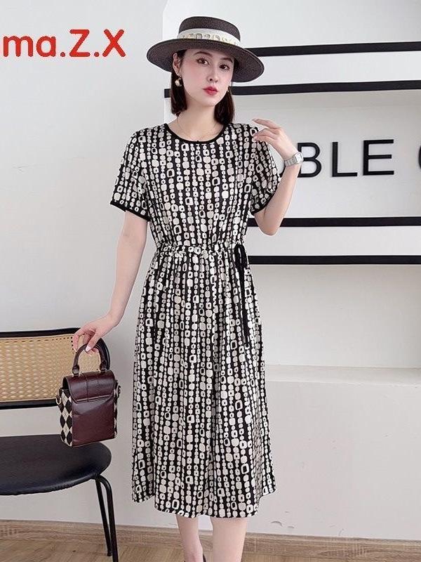 2026 Summer European & American Style Women's Multi-Color Printed High Waist Dress with Round Neck & Short Sleeves