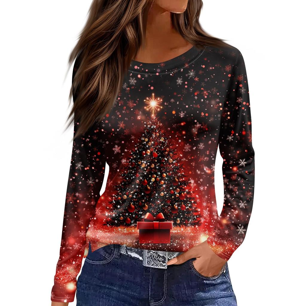 Damenmode, lässig, Schlitzsaum, Rundhalsausschnitt, langärmelig, lockeres T-Shirt mit Weihnachtsdruck