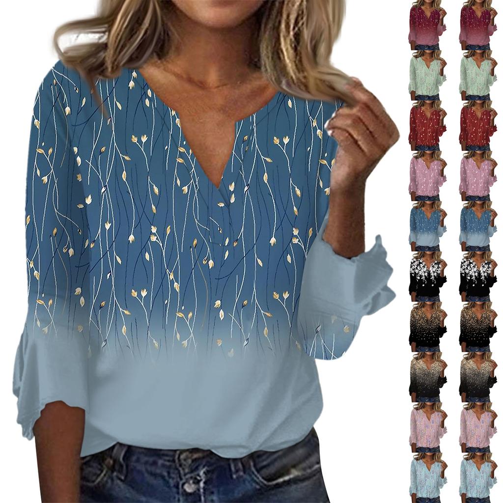 Women's Fashion Top  Casual  V-neck Printed Blouses Bell 3/4 Sleeve T-shirt