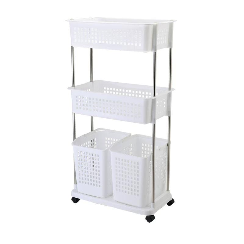 Three-Tier Rolling Storage Rack: Plastic Shelf for Bathroom, Kitchen, or Laundry.