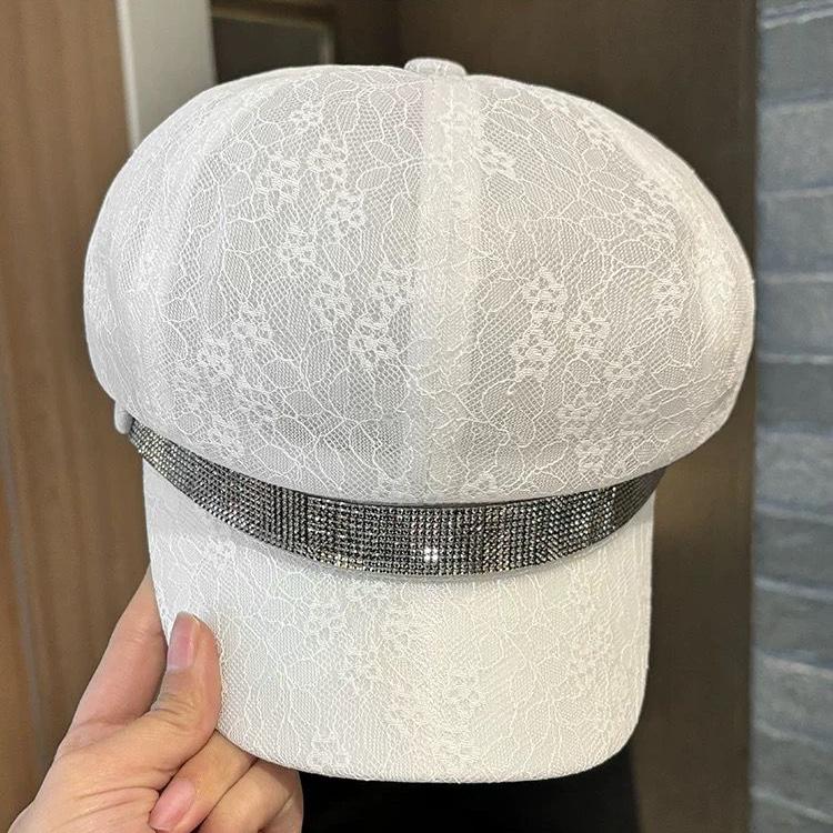New Rhinestone Webbing Octagonal Hat Children's Spring and Summer Mesh Lace Breathable Duck Tongue Beret