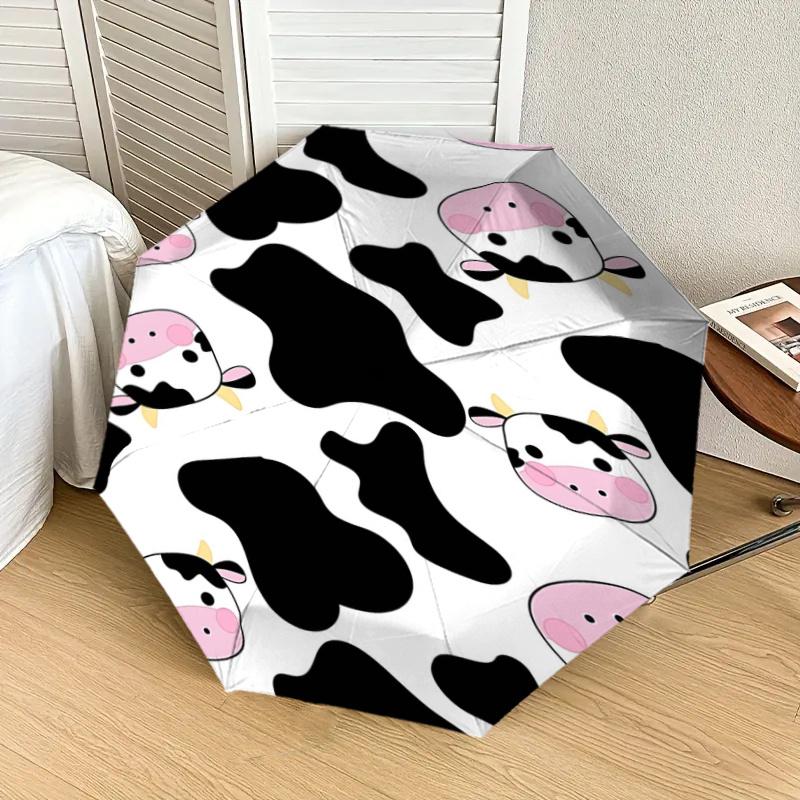 Cute Cow Print Automatic Folding Umbrella - Portable 3-Fold Design with Iron Frame, Perfect for Fans, Travelers, Daily Use, and Gifts!112515