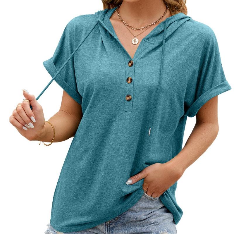 Summer New Solid Color Plus Size Casual T-shirt Women with Hooded Buttons Loose Short Sleeve T Shirt Women Fashion Elegant Lady Tee Tops 24297