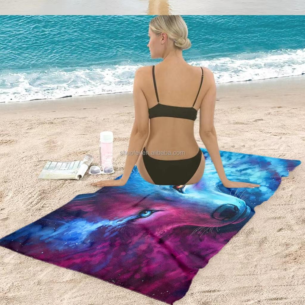 Vibrant Galaxy Wolf Head Beach Towel | Trendy Abstract Animal Art Bath Towel Perfect for Music Festival & Vacation