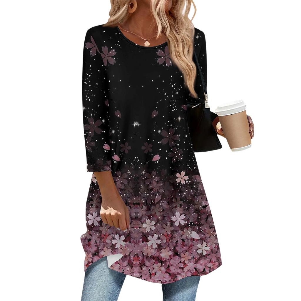 Dámský módní ležérní top s tříčtvrtečním rukávem a dlouhým rukávem, s květinovým potiskem a kulatým výstřihem