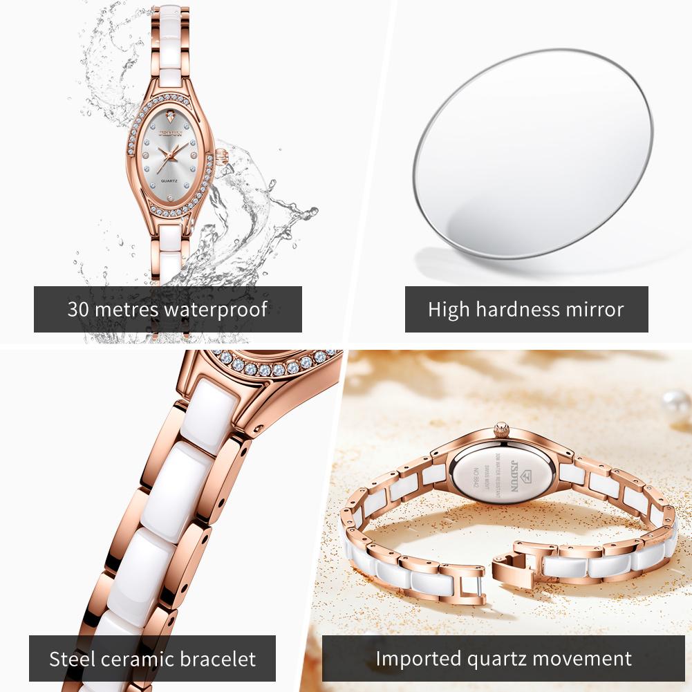 JSDUN 8842 Swiss Quartz Watch for Woman Elegant Luxury Ceramics Steel Strap Fashion Oval Diamond Dial Women's Waterproof Watches