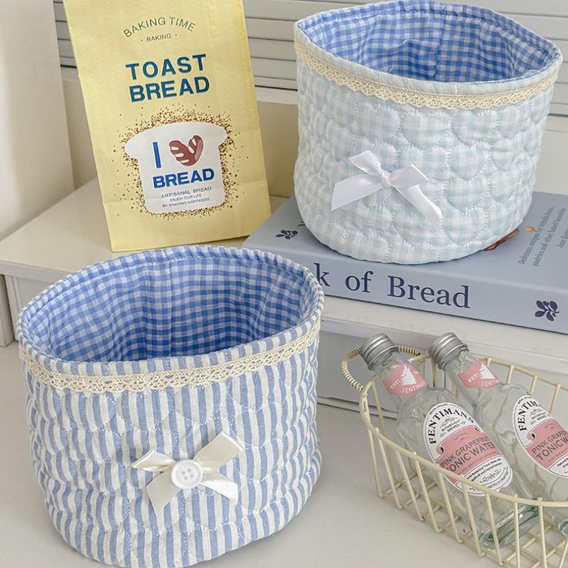 Cute Love Heart Storage Box Quilting Cotton Bow Desktop Storage Basket Large-Capacity Round Storage Frame Home Decoration