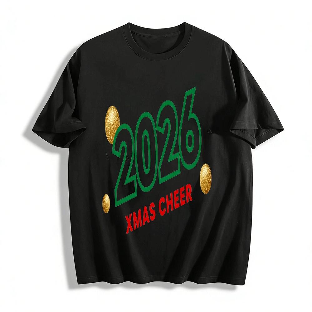 

2026 Xmas Cheer Printed Casual Top Festive Vibe Loose Base Shirt Pure cotton T-shirt XXS