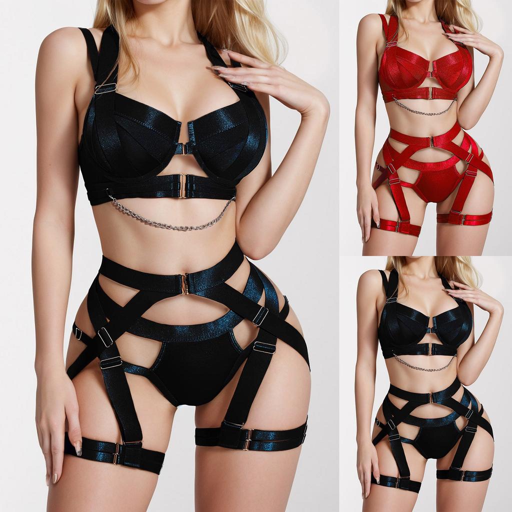 Sexy Lingerie Set Women Hollow Bra Panty Leg Ring See Through Underwear Erotic Costumes Lenceria Sexi Mujer