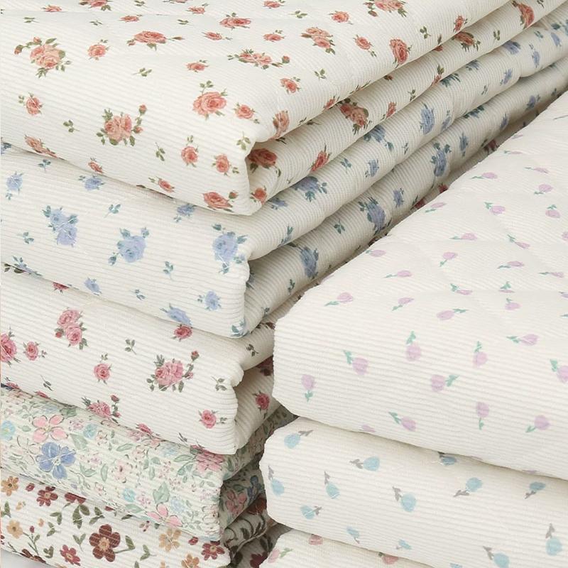 Thicken Corduroy Quilted with Cotton Fabric Small Floral Print for Winter Children's Clothing Coat DIY Sewing Fabric 0.5m/1m/2m