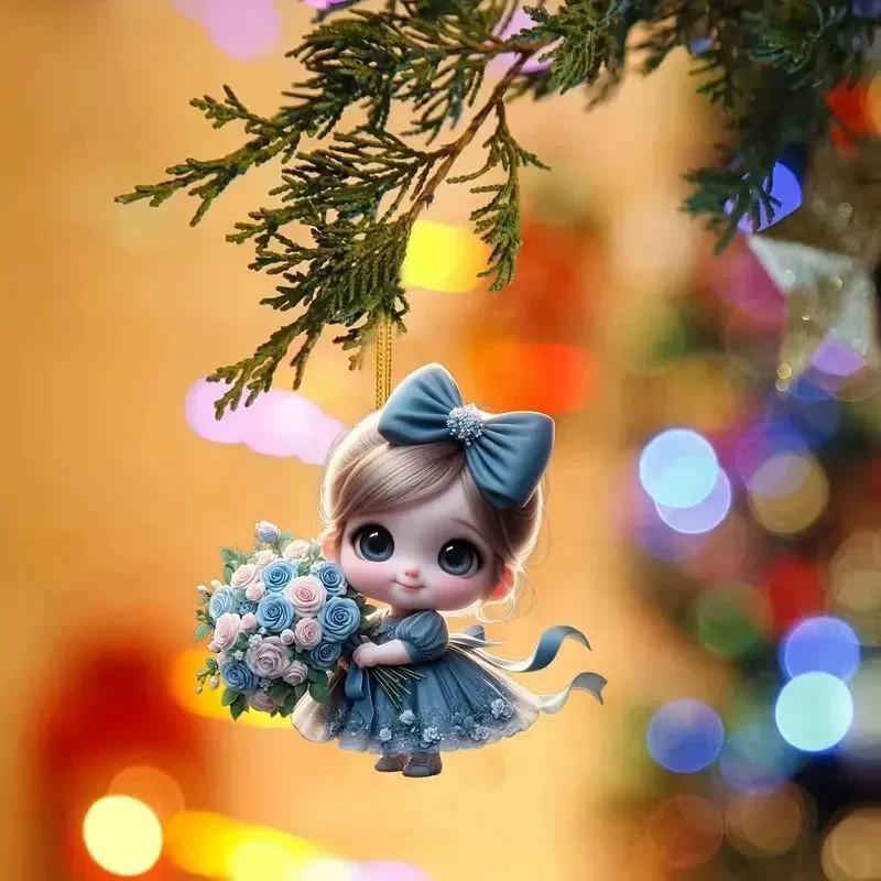 Acrylic Flat Surface Pendant With Girl Holding Flower Design For Backpack Decor