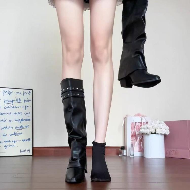 American Spice Girl Vintage Rivet Pile Knight Boots Women's 2025 Autumn and Winter Pointed Thick Heel Skinny Tall Pants Boots