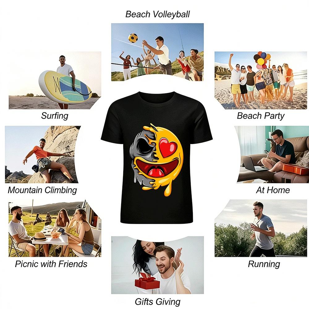 Melting Skull Heart Eye Emoji Print Trendy Casual Short Sleeve Tee Pure Cotton T-shirt