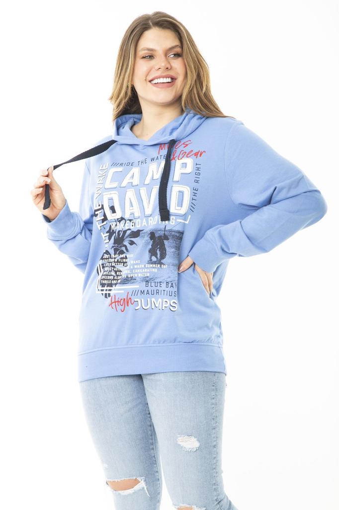 Women's Style Big Size Sweatshirt Large Size Blue Two Thread Front Printed Hooded Sweatshirt
