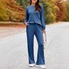 Completo Due Pezzi Moda da Donna a Vestibilità Larga, Colore Unico, Scollo Tondo Spaccato, Maniche Lunghe, Pantaloni Lunghi
