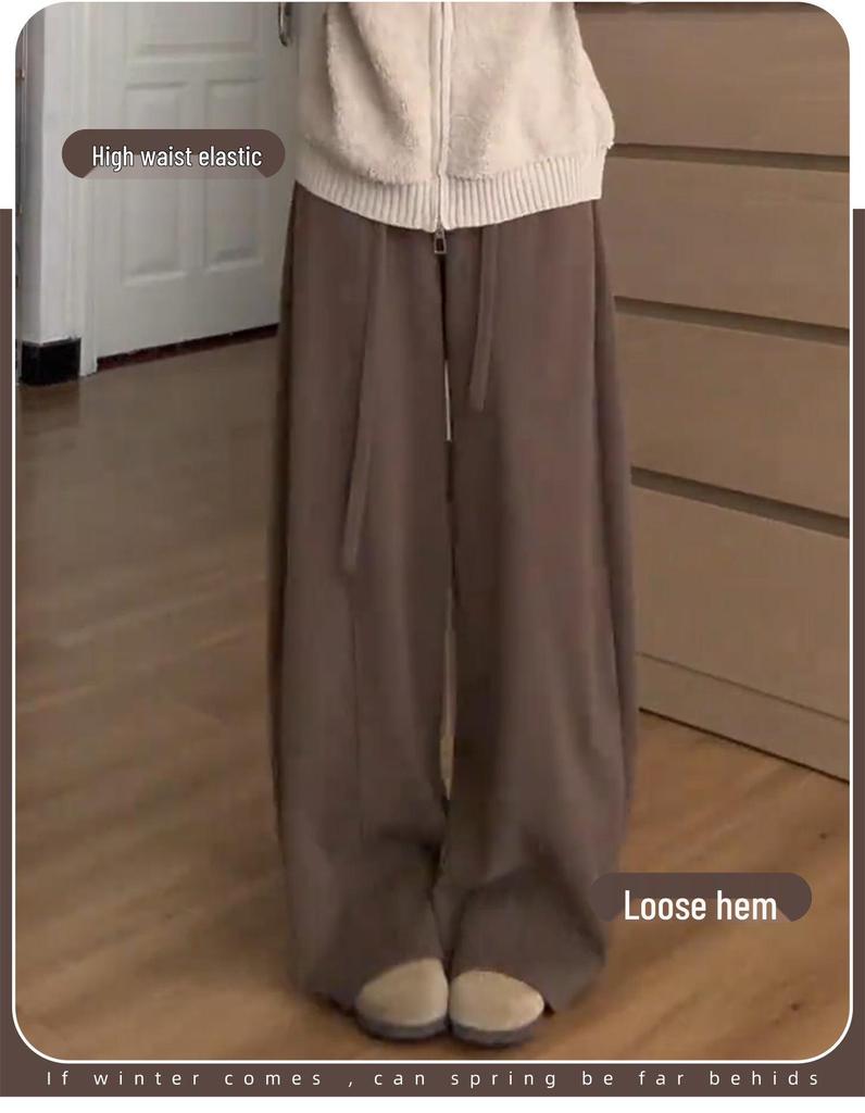 Women's Wide-Leg Brown Retro Pants, High-Waisted, Plus Velvet, Autumn/Winter 2025 Collection