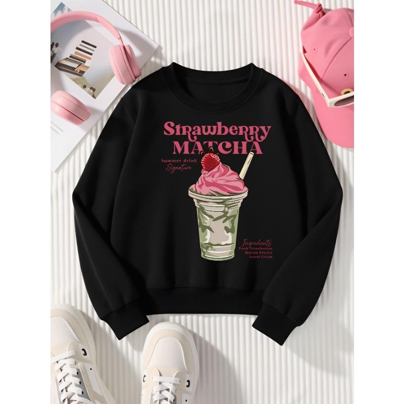 European Sizes Girls' Long-Sleeve Round Neck Sweatshirt "Strawberry Matcha" Print, Spring/Autumn, Casual, Daily & Sports.