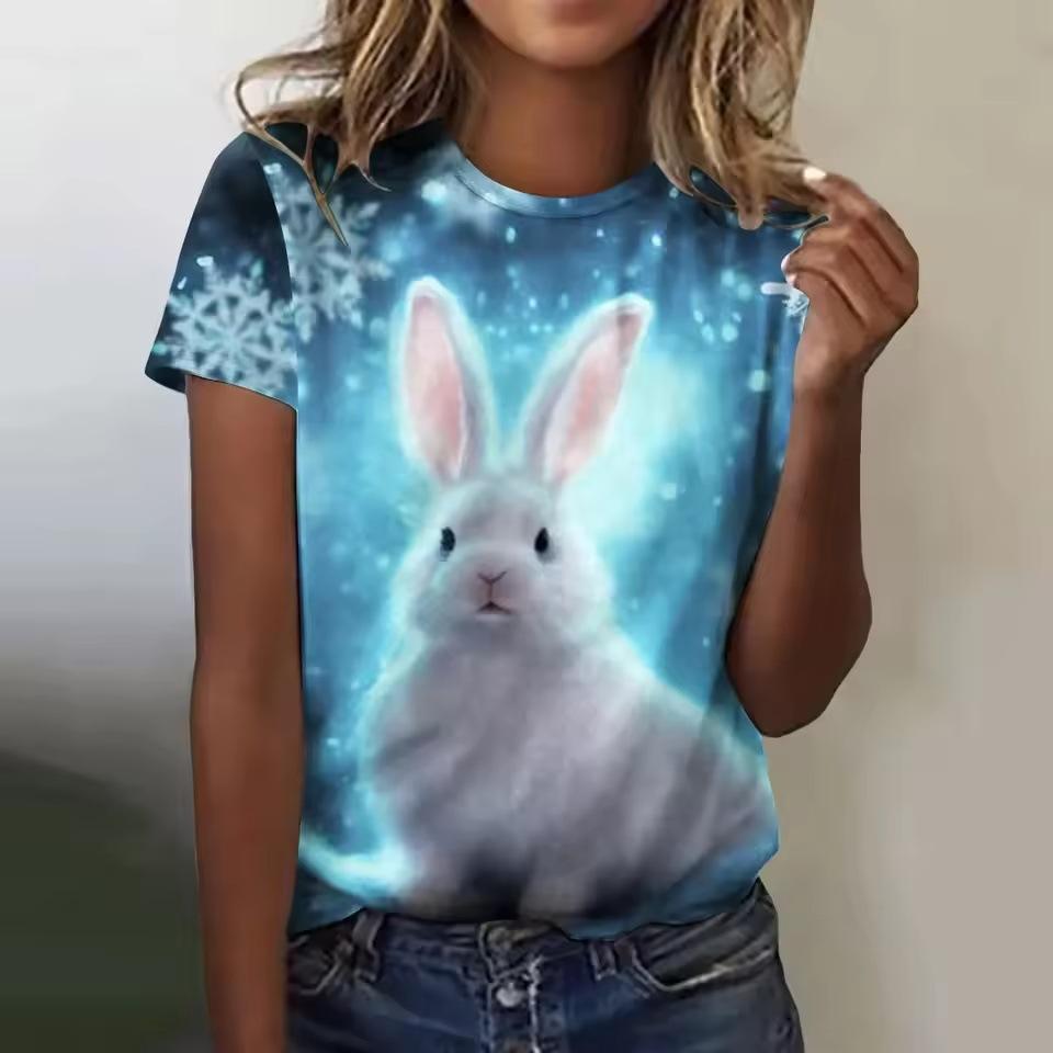 Rabbit Print Women's Top Crew Neck Short Sleeve Comfortable T-Shirts Women’s