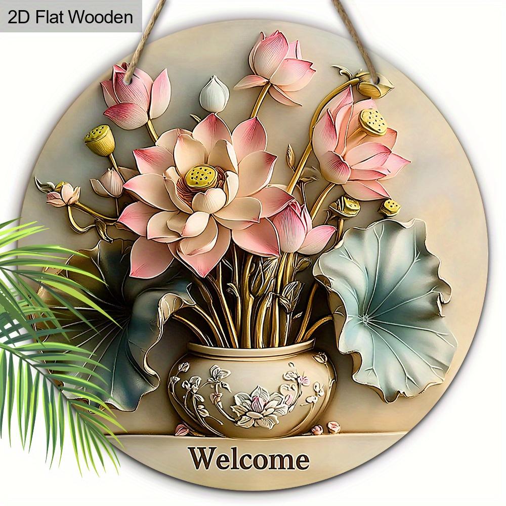 

Деревянный классический приветственный знак в виде лотоса с вазой - изготовленный из дерева настенный знак для двери, стены, дома, комнаты, фермерского дома, улицы, магазина, гаража, бара, сада