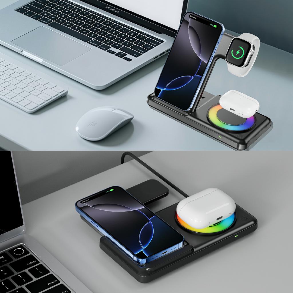 Q50D 4 in 1 Foldable Wireless Charger Dock 15W Fast Charging Station with RGB Ambient Light for Mobile Phone Apple Watch AirPods