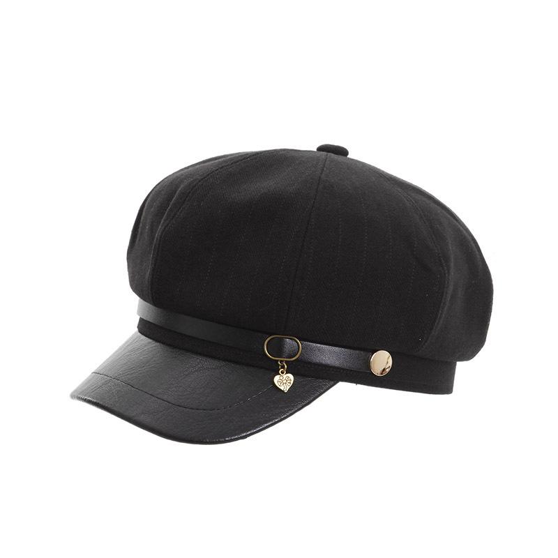 British Retro Belt Buckle Octagonal Hat Women's Autumn and Winter New Versatile Shell Shows Face Small PU Leather Brim Women's Newsboy Hat