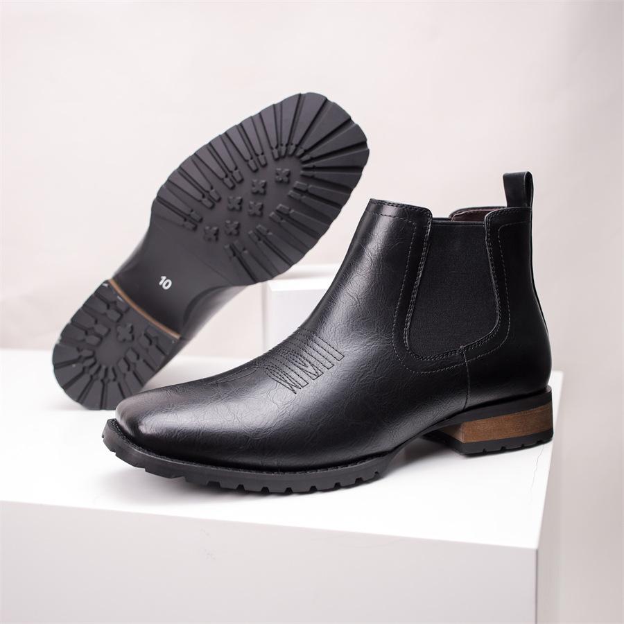 Fashion Embroidered Western Cowboy Boots Low Cut Square Toe Thick Heel Men's Chelsea Boots