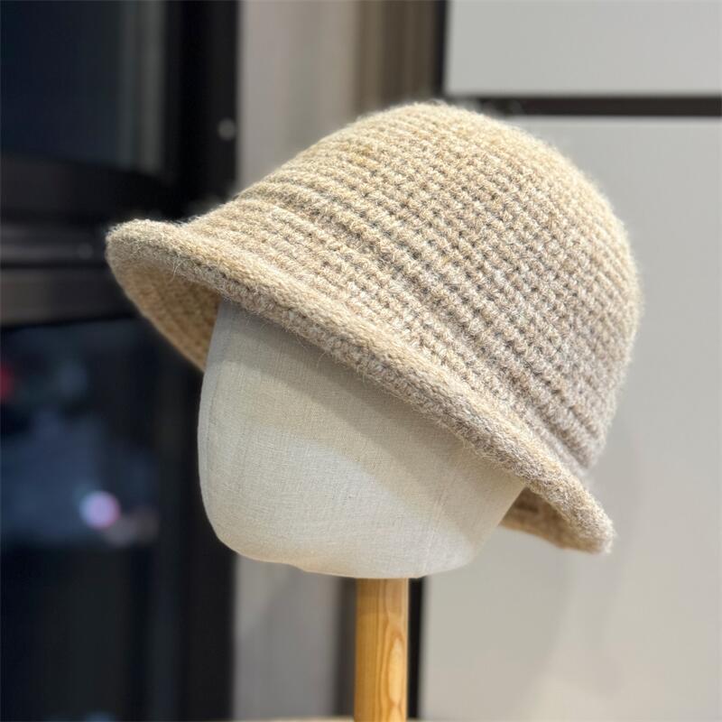 Solid color simple hat women's autumn new knitted bucket hat big head circumference curling edge shows small face versatile basin hat