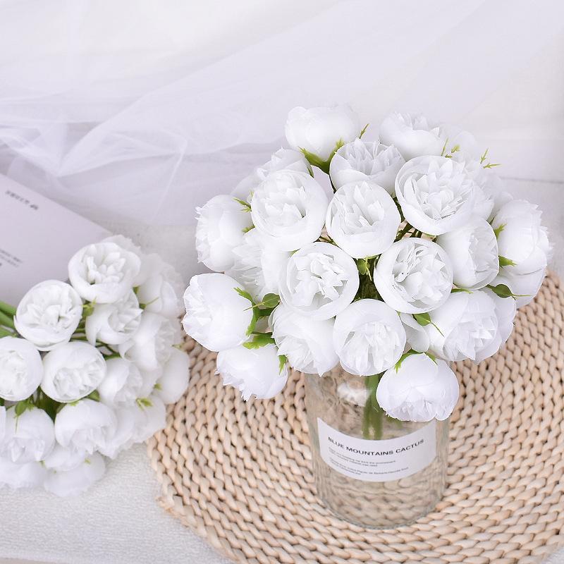Fake flowers, 27-head peony bouquet, tied with Lafei grass, camellia and rose, INS style decoration artificial flowers.