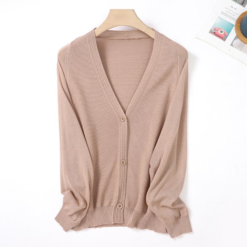 New Summer Literary and Fresh Linen Knitted Cardigan V-neck Solid Color Loose Version Long-sleeved Women's Cardigan
