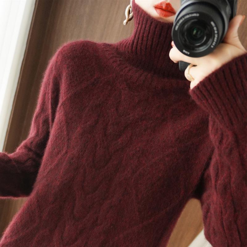 Women's Thick Winter Red Wool Cable Knit High Neck Sweater 
